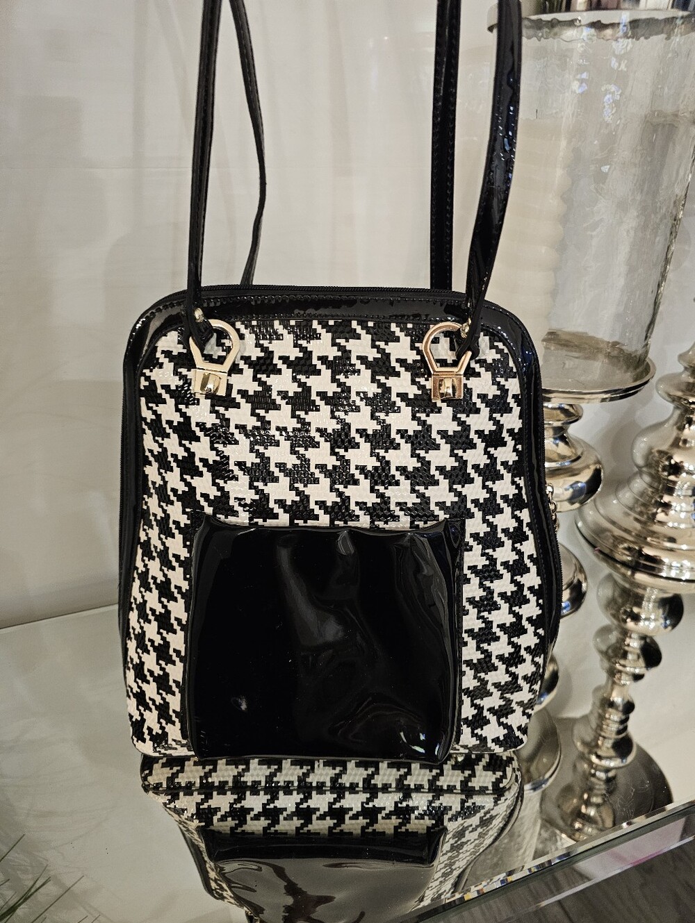 Saxuan Black & White Houndstooth Patent Accent Shoulder Bag